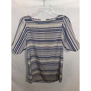 Everly A-line Dress Women’s Size Small Beige Blue Striped Mini Short Sleeve